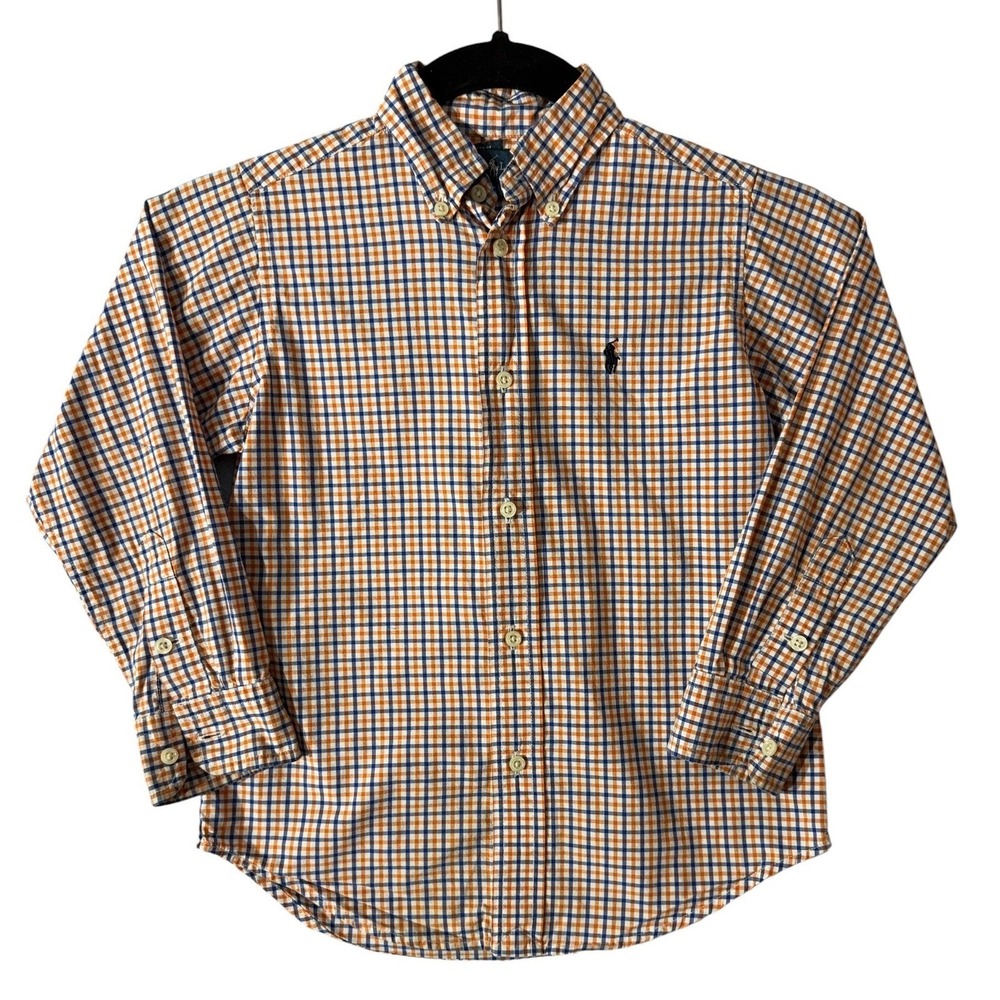 Ralph Lauren Boys Preppy Long Sleeve Button Down Shirt Size 5 Orange Blue Plaid